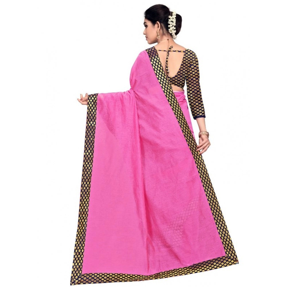 Amfyn Women's Chanderi Cotton Lace Border Saree With Blouse (Pink, 5-6 Mtrs)