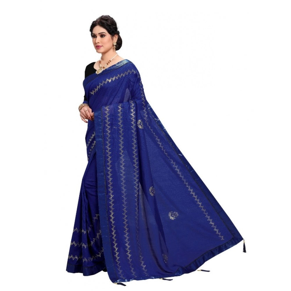 Amfyn Women's Vichitra Silk HotFix Stone Work Saree With Blouse (Blue, 5-6 Mtrs)