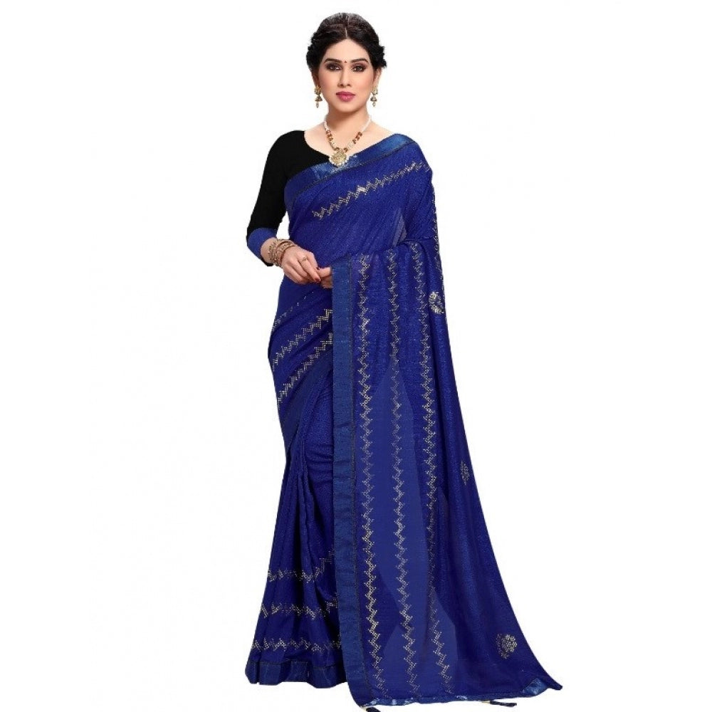 Amfyn Women's Vichitra Silk HotFix Stone Work Saree With Blouse (Blue, 5-6 Mtrs)