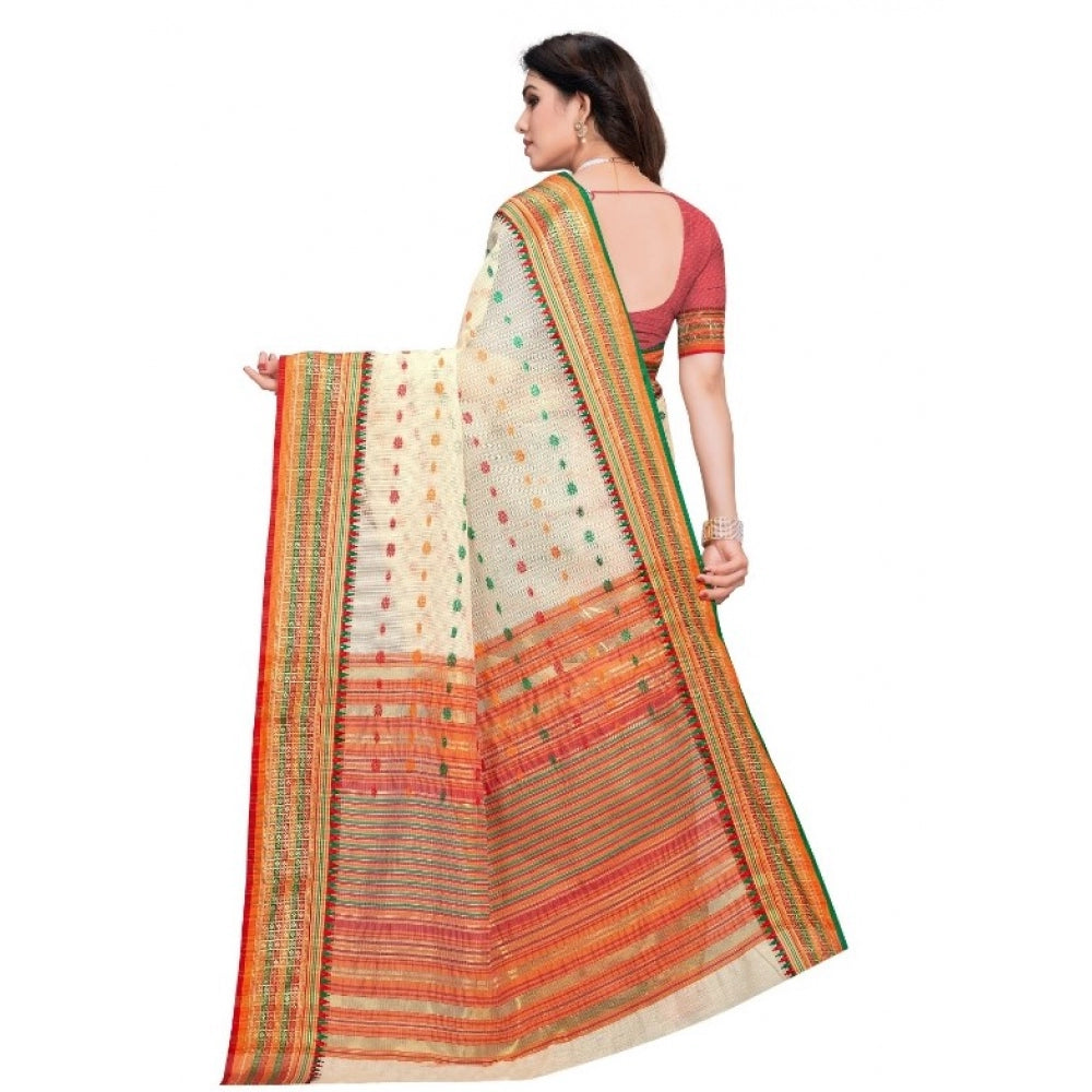 Amfyn Women's Kota Doria Cotton Woven Butta Saree With Blouse (Cream, 5-6 Mtrs)