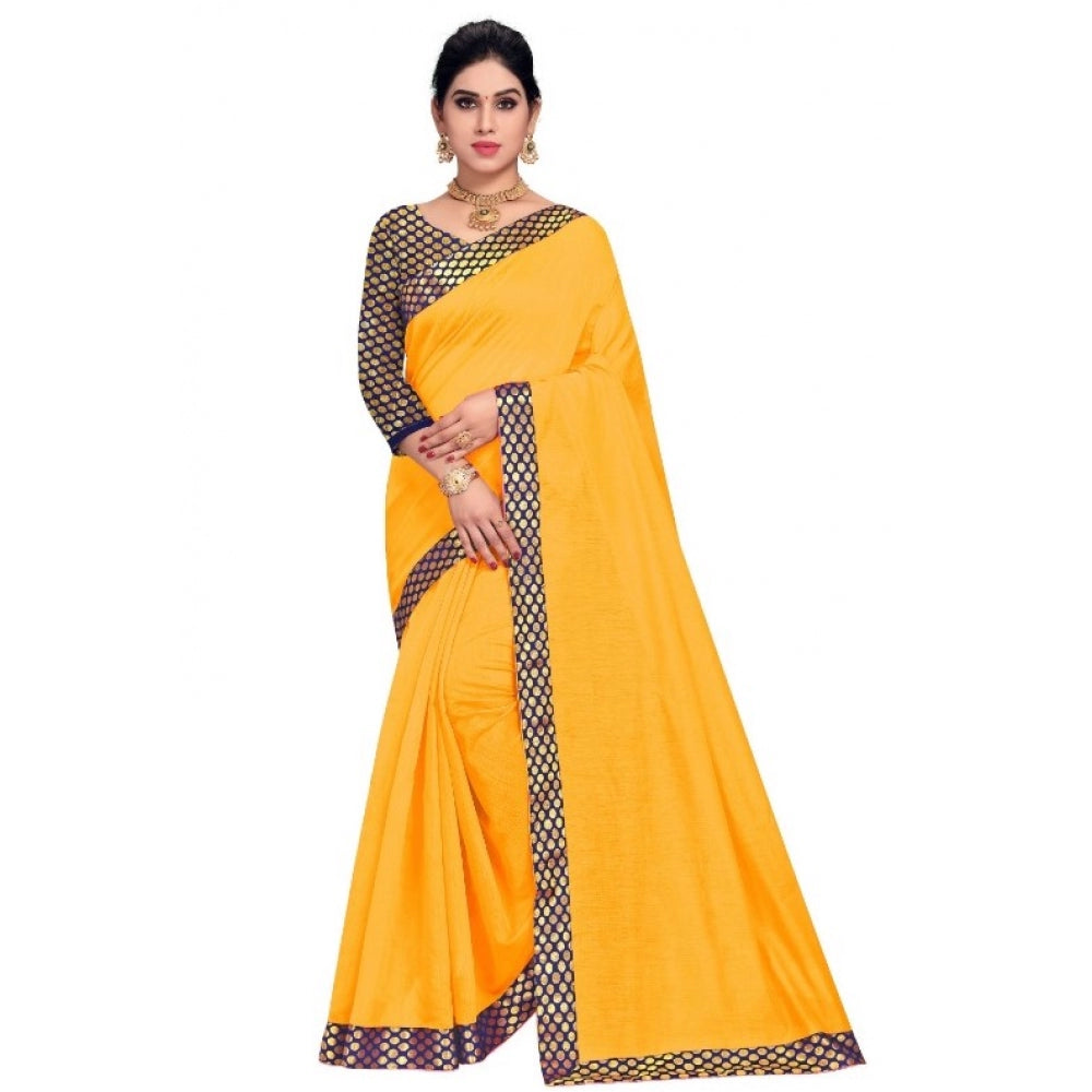 Amfyn Women's Chanderi Cotton Lace Border Saree With Blouse (Gold, 5-6 Mtrs)