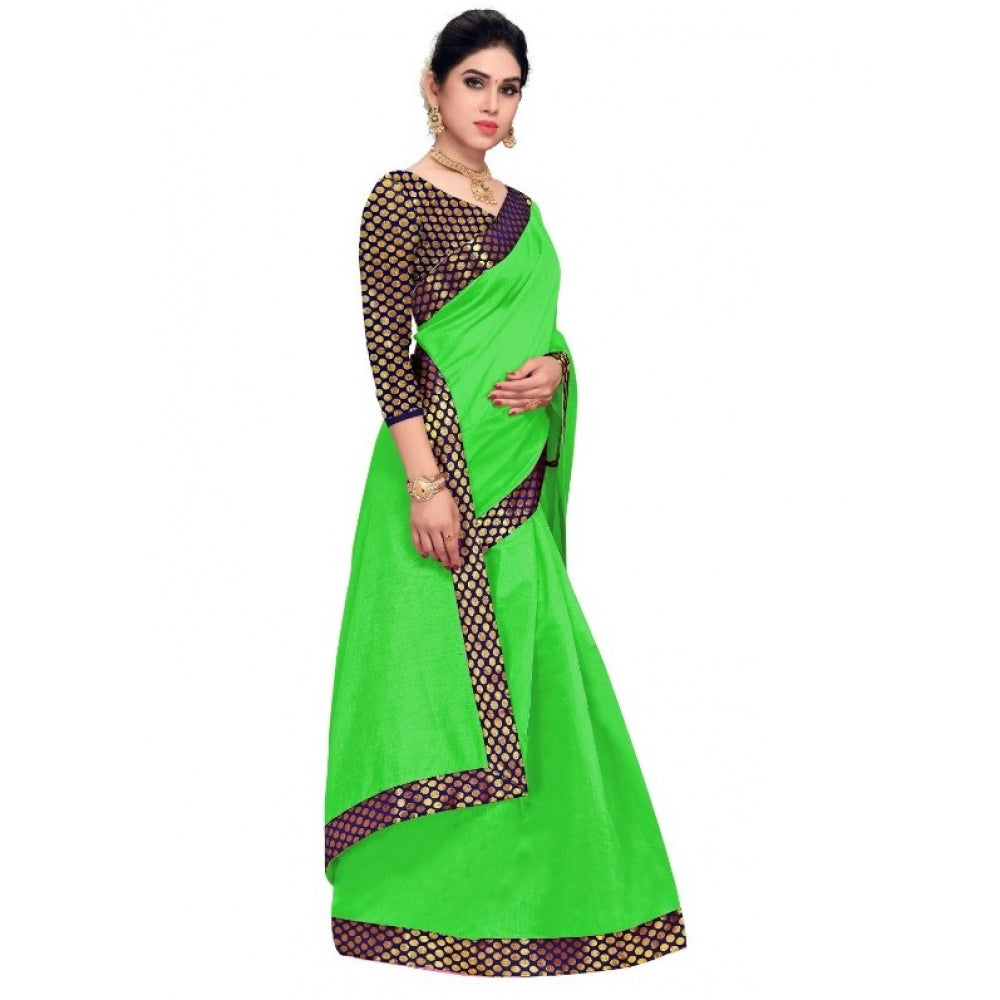 Amfyn Women's Chanderi Cotton Lace Border Saree With Blouse (Green, 5-6 Mtrs)