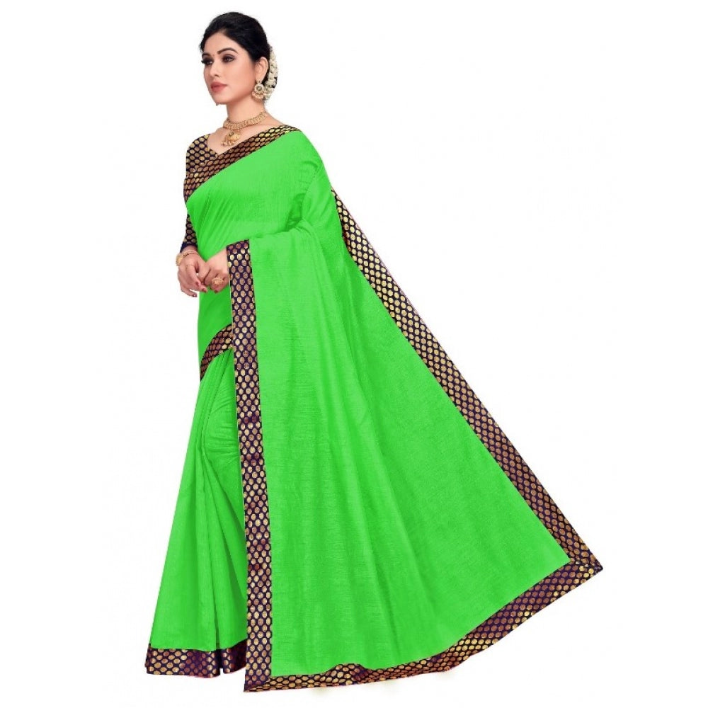 Amfyn Women's Chanderi Cotton Lace Border Saree With Blouse (Green, 5-6 Mtrs)