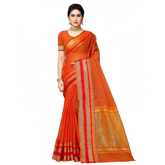 Amfyn Women's Kota Doria Cotton Border Saree With Blouse (Orange, 5-6 Mtrs)