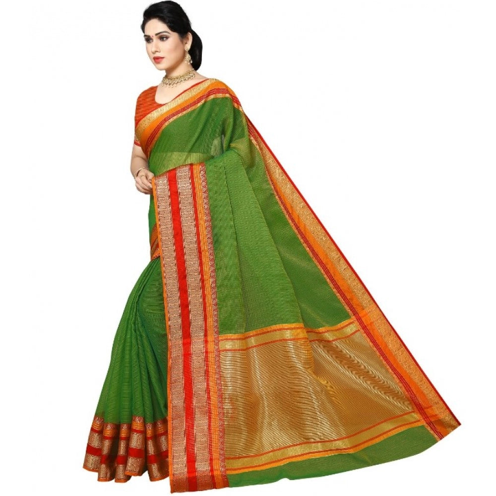 Amfyn Women's Kota Doria Cotton Border Saree With Blouse (Green, 5-6 Mtrs)