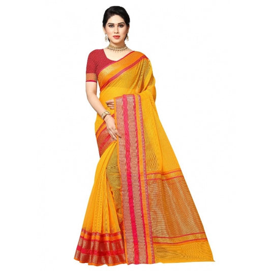 Amfyn Women's Kota Doria Cotton Border Saree With Blouse (Gold, 5-6 Mtrs)