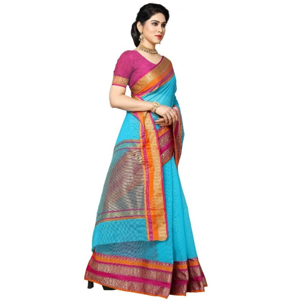 Amfyn Women's Kota Doria Cotton Border Saree With Blouse (Sky Blue, 5-6 Mtrs)