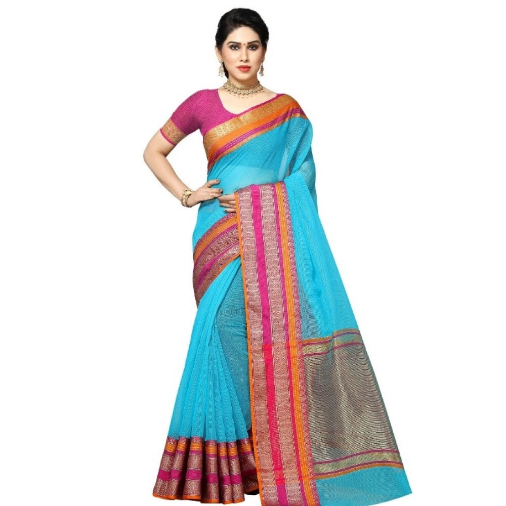 Amfyn Women's Kota Doria Cotton Border Saree With Blouse (Sky Blue, 5-6 Mtrs)