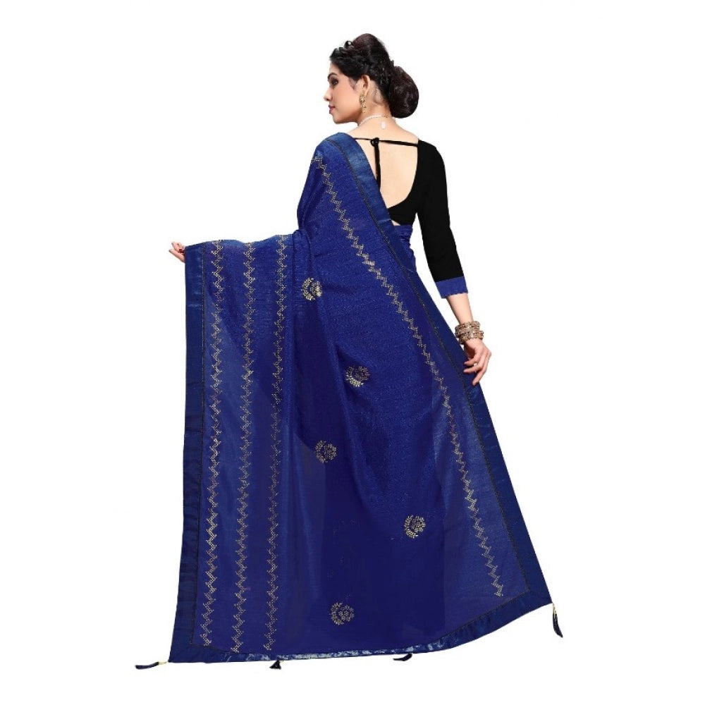 Amfyn Women's Vichitra Silk HotFix Stone Work Saree With Blouse (Blue, 5-6 Mtrs)