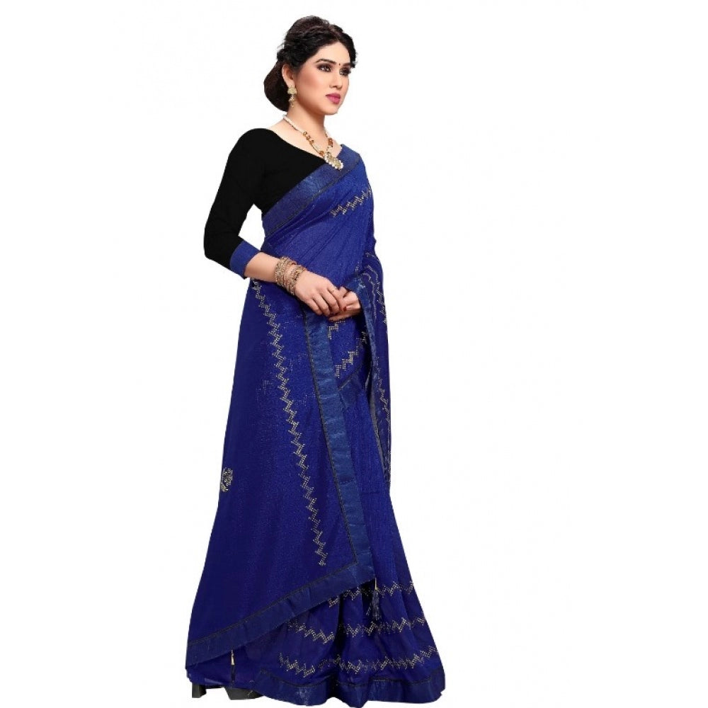 Amfyn Women's Vichitra Silk HotFix Stone Work Saree With Blouse (Blue, 5-6 Mtrs)