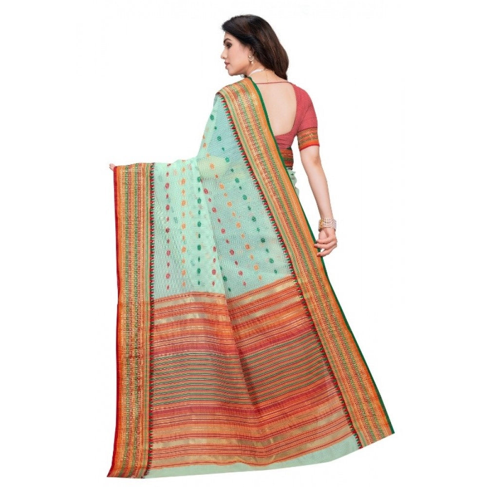 Amfyn Women's Kota Doria Cotton Woven Butta Saree With Blouse (Pista, 5-6 Mtrs)