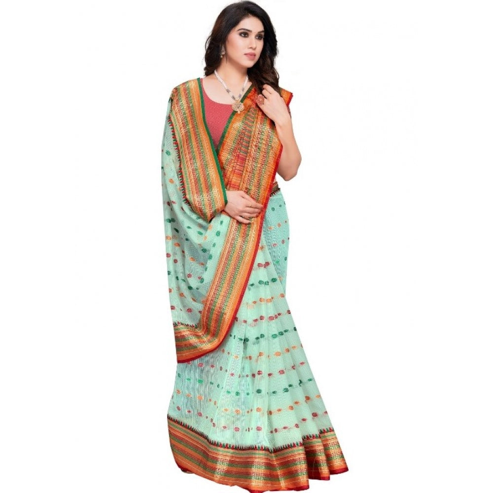 Amfyn Women's Kota Doria Cotton Woven Butta Saree With Blouse (Pista, 5-6 Mtrs)