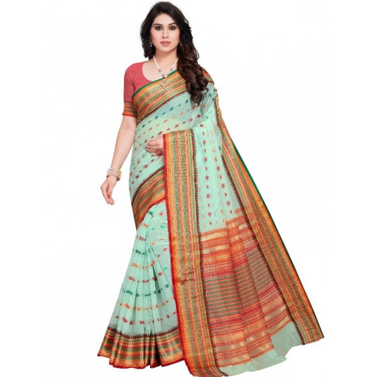 Amfyn Women's Kota Doria Cotton Woven Butta Saree With Blouse (Pista, 5-6 Mtrs)