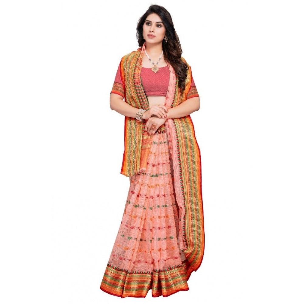 Amfyn Women's Kota Doria Cotton Woven Butta Saree With Blouse (Peach, 5-6 Mtrs)