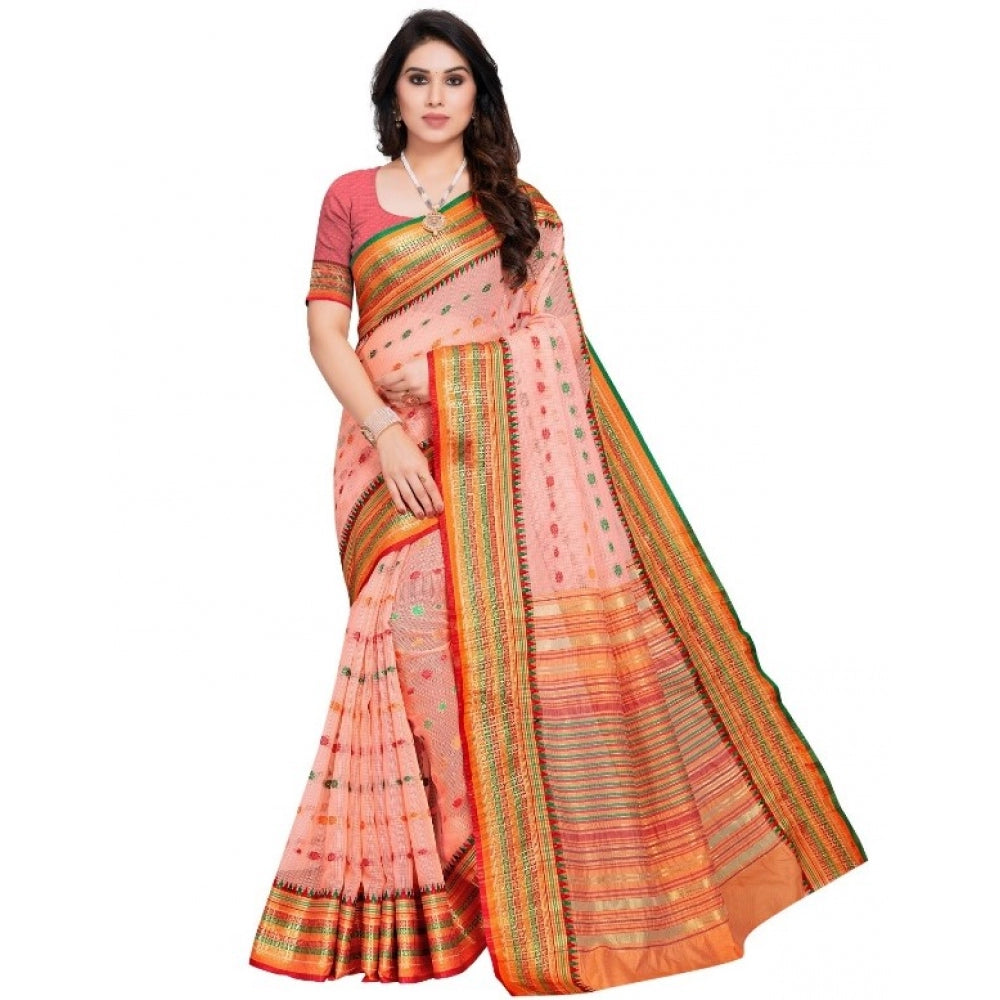 Amfyn Women's Kota Doria Cotton Woven Butta Saree With Blouse (Peach, 5-6 Mtrs)