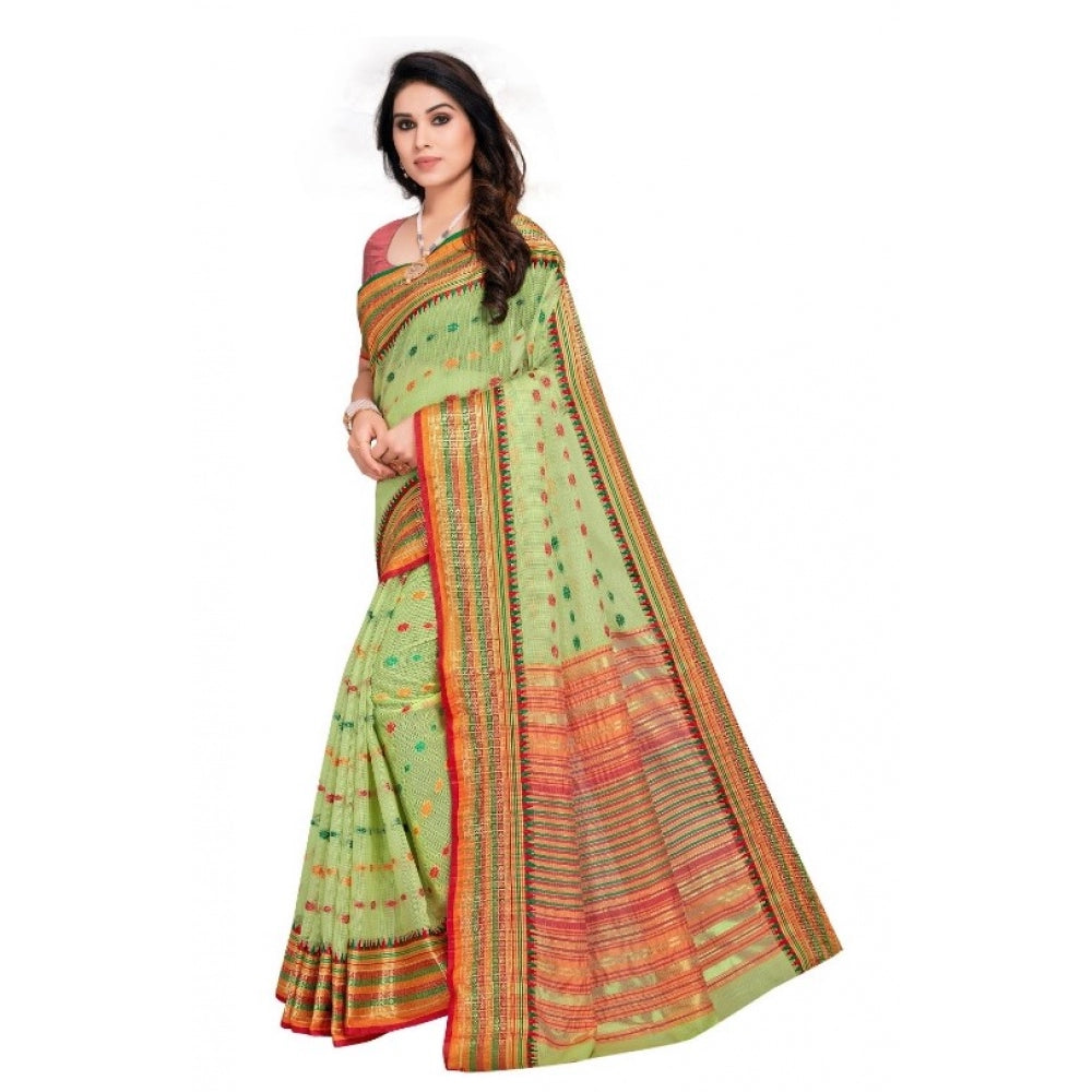 Amfyn Women's Kota Doria Cotton Woven Butta Saree With Blouse (Light Green, 5-6 Mtrs)