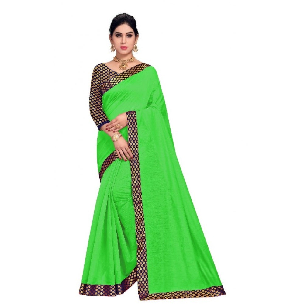 Amfyn Women's Chanderi Cotton Lace Border Saree With Blouse (Green, 5-6 Mtrs)