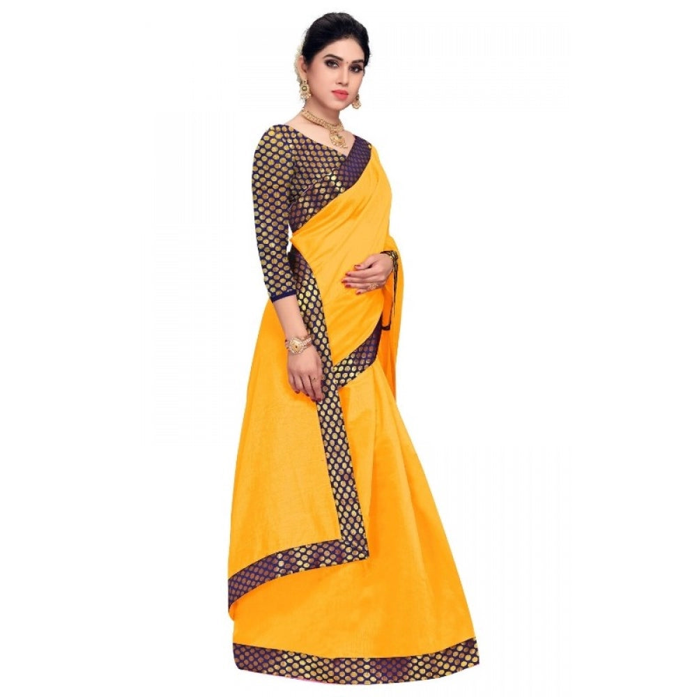 Amfyn Women's Chanderi Cotton Lace Border Saree With Blouse (Gold, 5-6 Mtrs)