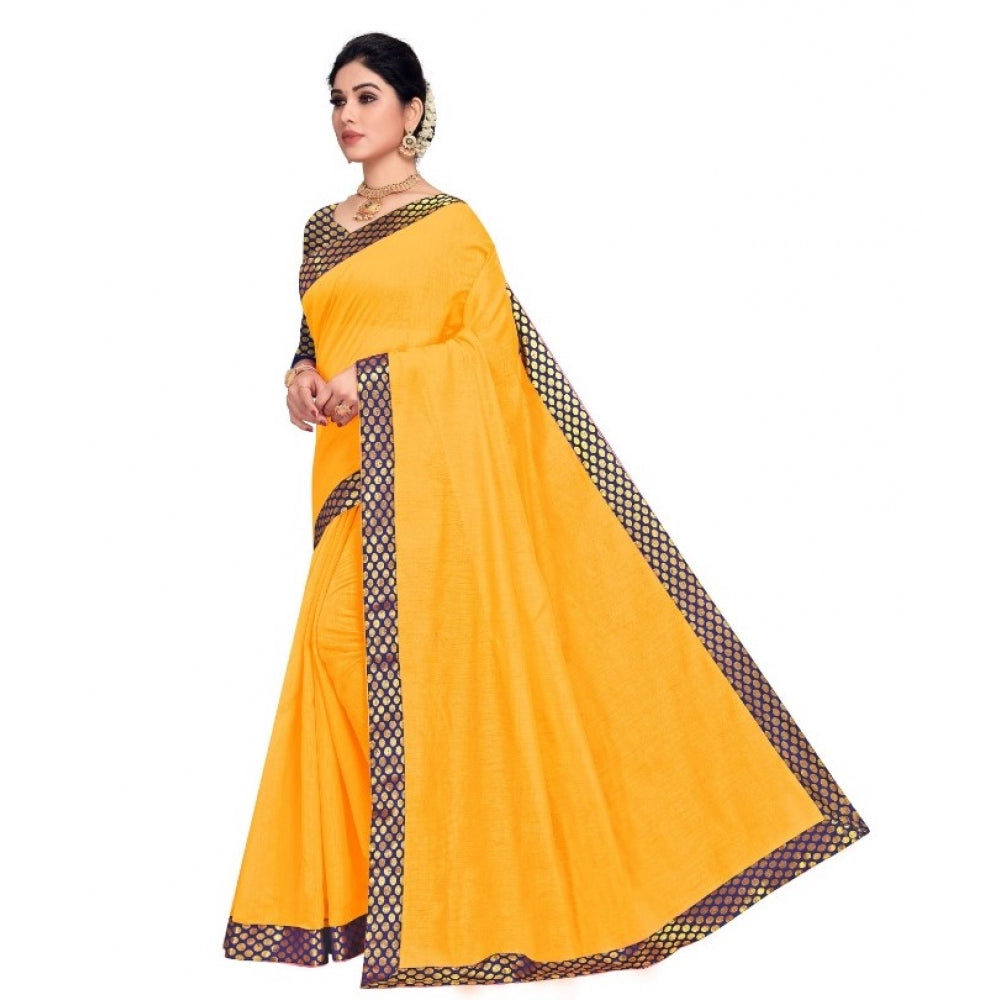 Amfyn Women's Chanderi Cotton Lace Border Saree With Blouse (Gold, 5-6 Mtrs)