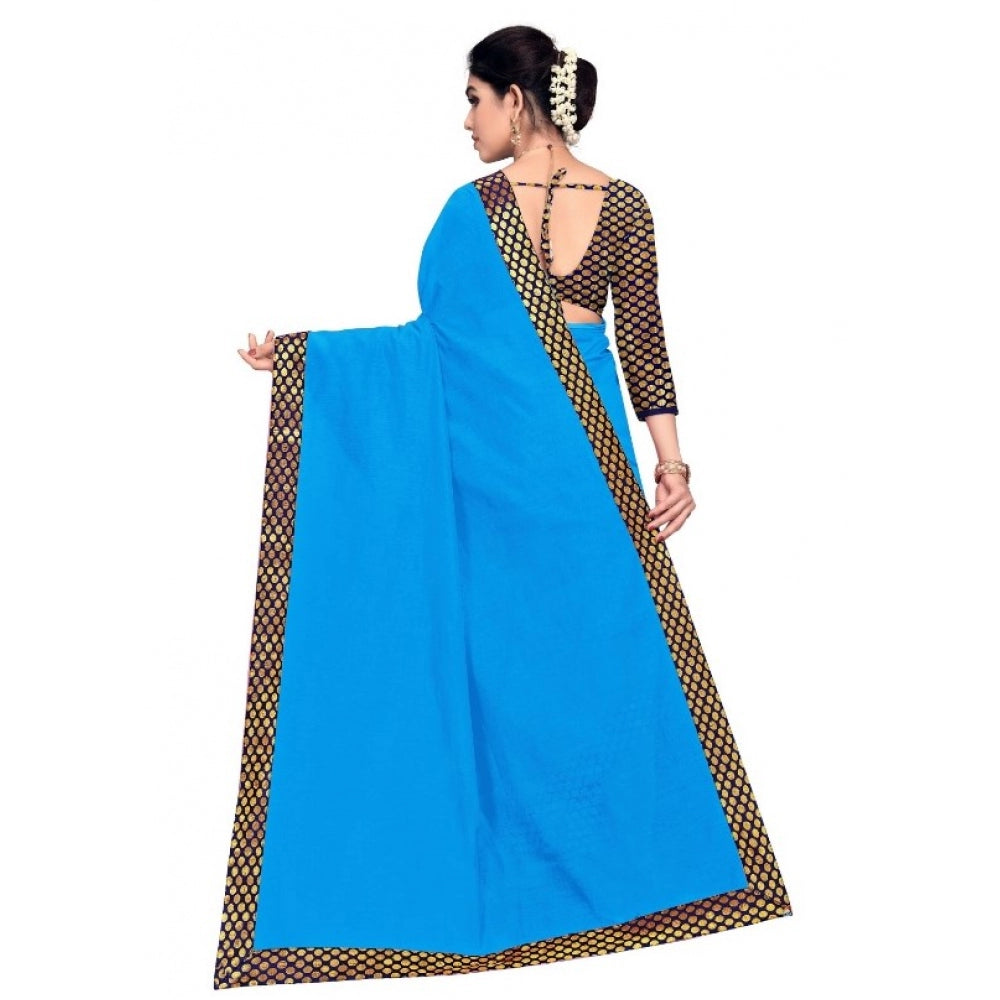 Amfyn Women's Chanderi Cotton Lace Border Saree With Blouse (Sky Blue, 5-6 Mtrs)