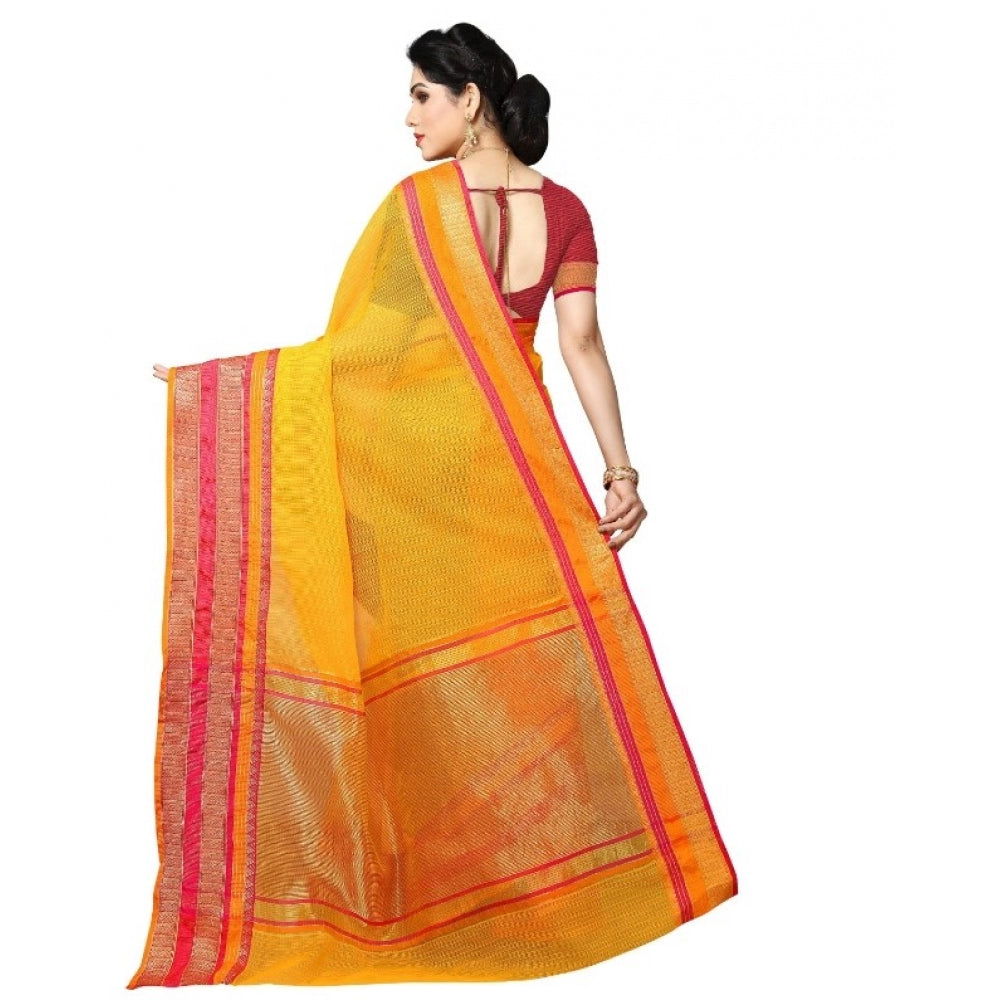 Amfyn Women's Kota Doria Cotton Border Saree With Blouse (Gold, 5-6 Mtrs)