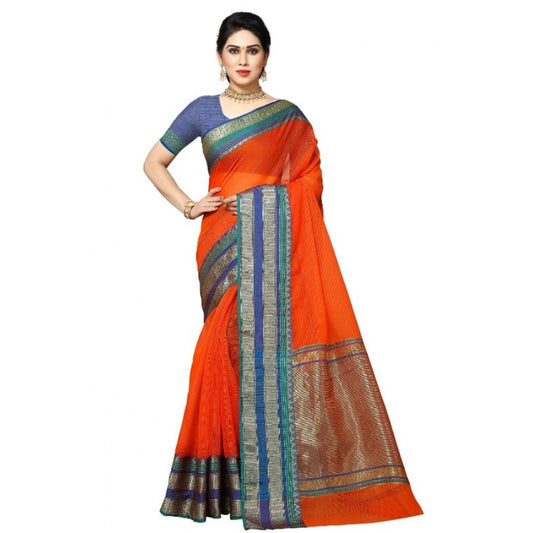 Amfyn Women's Kota Doria Cotton Border Saree With Blouse (Fanta, 5-6 Mtrs)