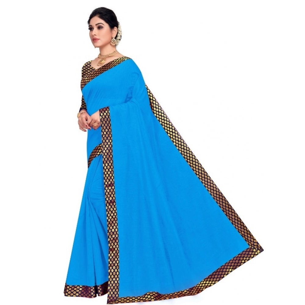 Amfyn Women's Chanderi Cotton Lace Border Saree With Blouse (Sky Blue, 5-6 Mtrs)