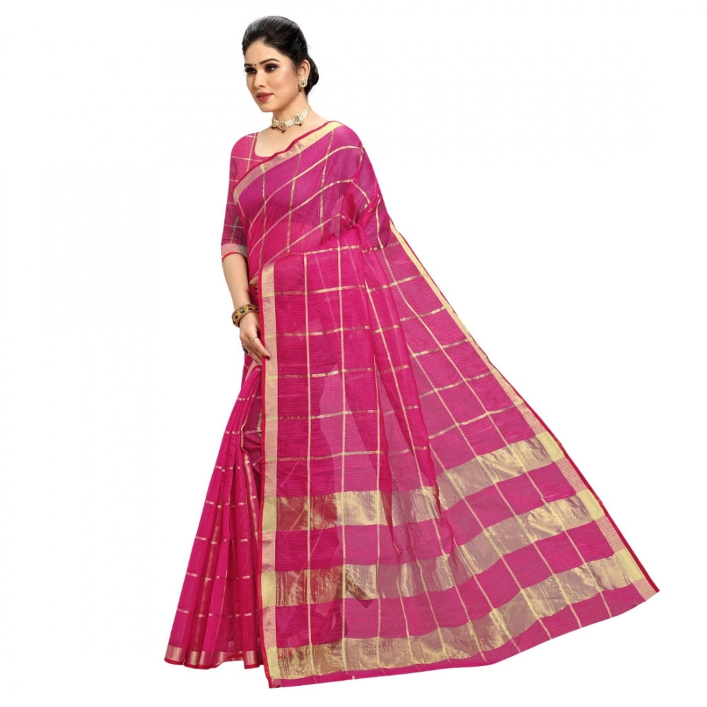 Fashion Women's Kota Doria Cotton Checkered Saree With Blouse (Rani, 5-6 Mtrs)