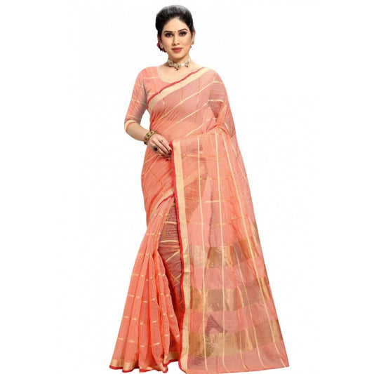 Fashion Women's Kota Doria Cotton Checkered Saree With Blouse (Peach, 5-6 Mtrs)