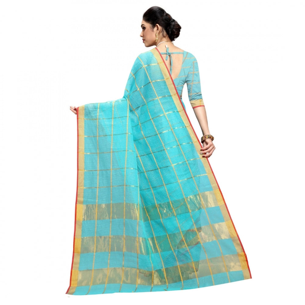 Fashion Women's Kota Doria Cotton Checkered Saree With Blouse (Sky Blue, 5-6 Mtrs)