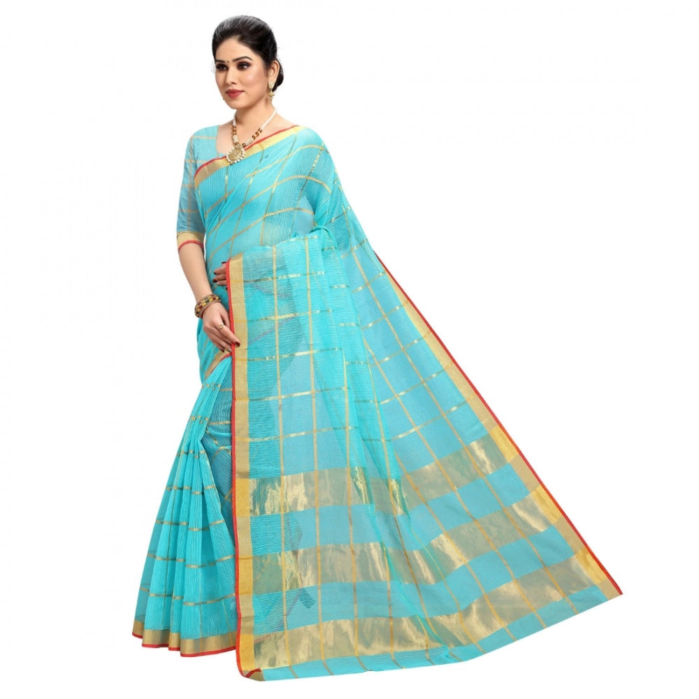 Fashion Women's Kota Doria Cotton Checkered Saree With Blouse (Sky Blue, 5-6 Mtrs)