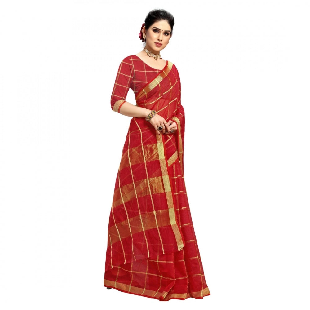 Fashion Women's Kota Doria Cotton Checkered Saree With Blouse (Red, 5-6 Mtrs)