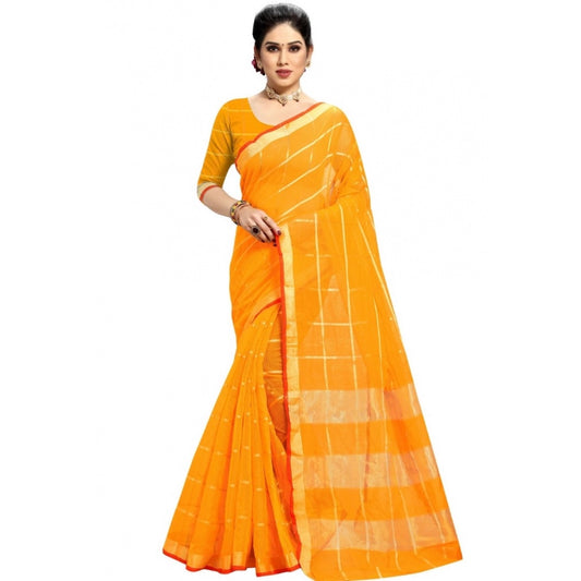 Fashion Women's Kota Doria Cotton Checkered Saree With Blouse (Yellow, 5-6 Mtrs)