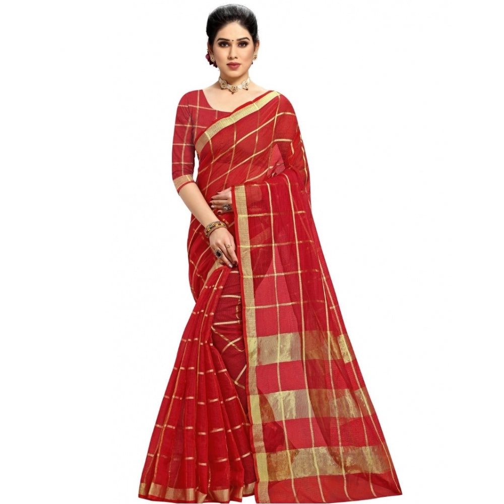 Fashion Women's Kota Doria Cotton Checkered Saree With Blouse (Red, 5-6 Mtrs)