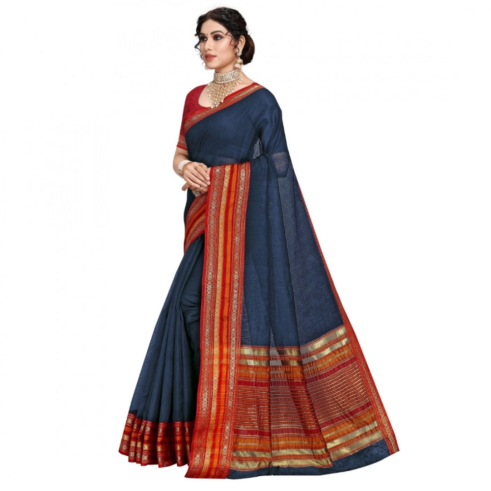 Amfyn Women's Kota Doria Cotton Bordered Saree With Blouse (Navy Blue, 5-6 Mtrs)