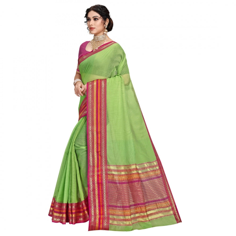 Amfyn Women's Kota Doria Cotton Bordered Saree With Blouse (Light Green, 5-6 Mtrs)