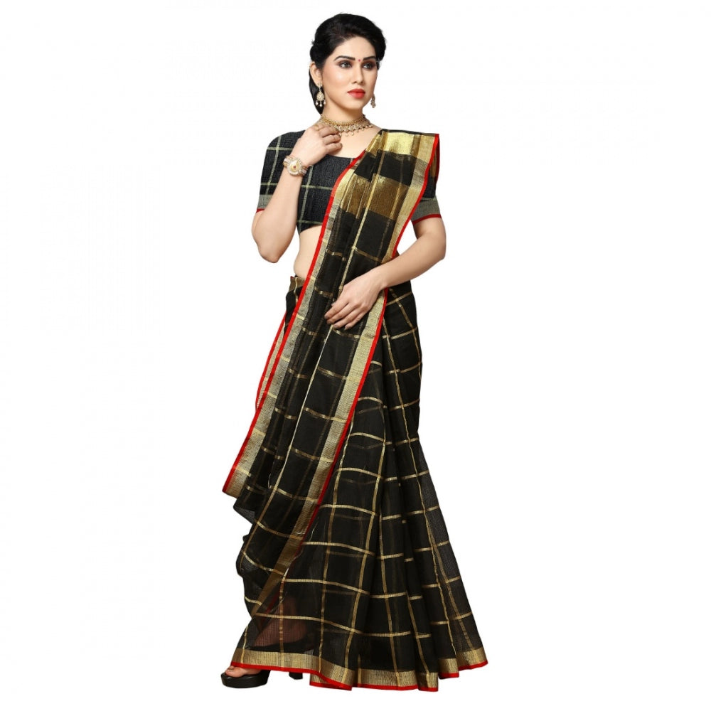 Fashion Women's Kota Doria Cotton Checkered Saree With Blouse (Black, 5-6 Mtrs)