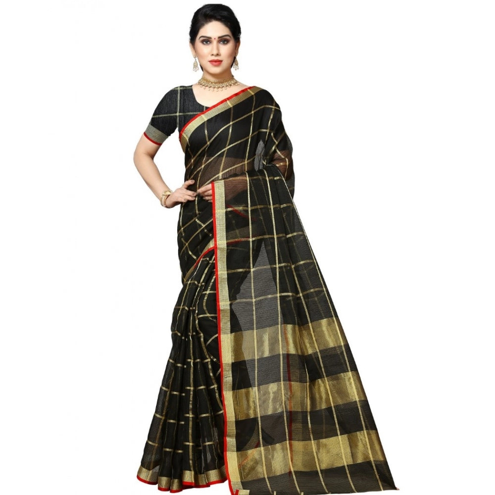 Fashion Women's Kota Doria Cotton Checkered Saree With Blouse (Black, 5-6 Mtrs)