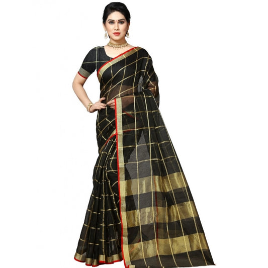 Fashion Women's Kota Doria Cotton Checkered Saree With Blouse (Black, 5-6 Mtrs)