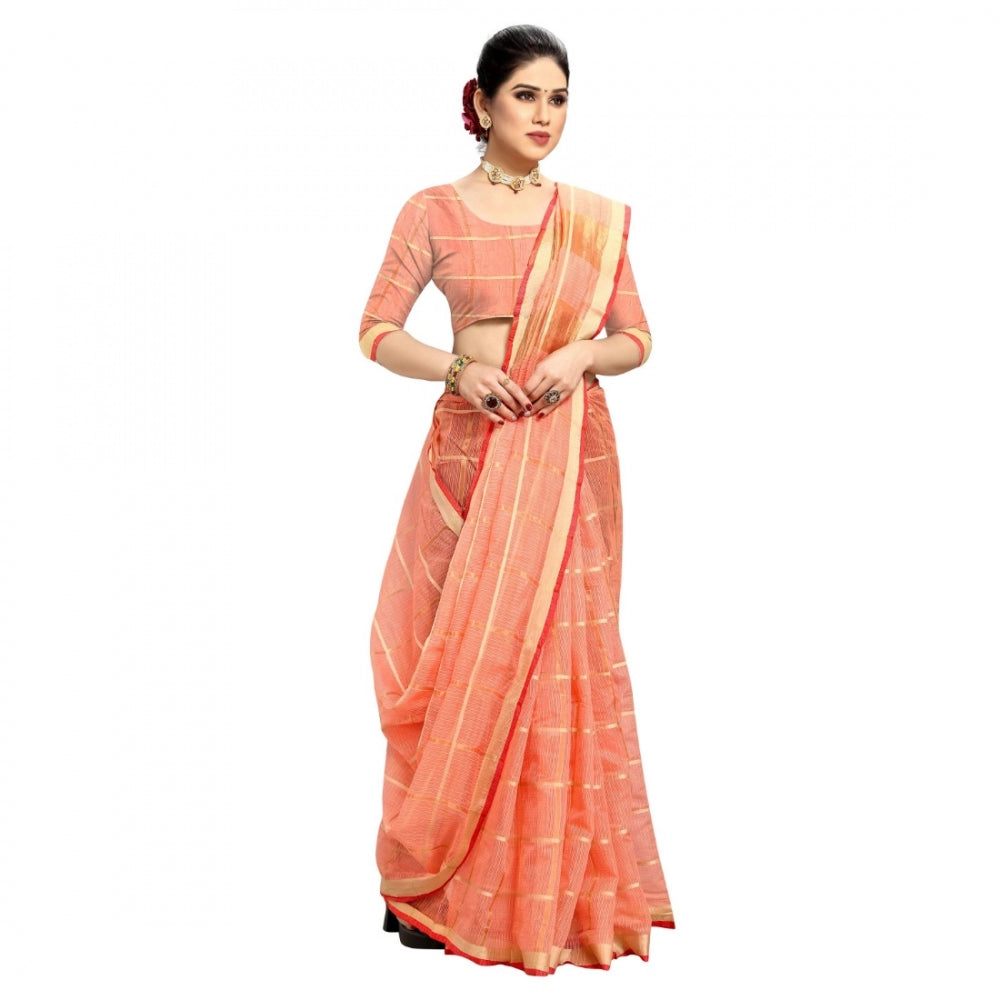 Fashion Women's Kota Doria Cotton Checkered Saree With Blouse (Peach, 5-6 Mtrs)