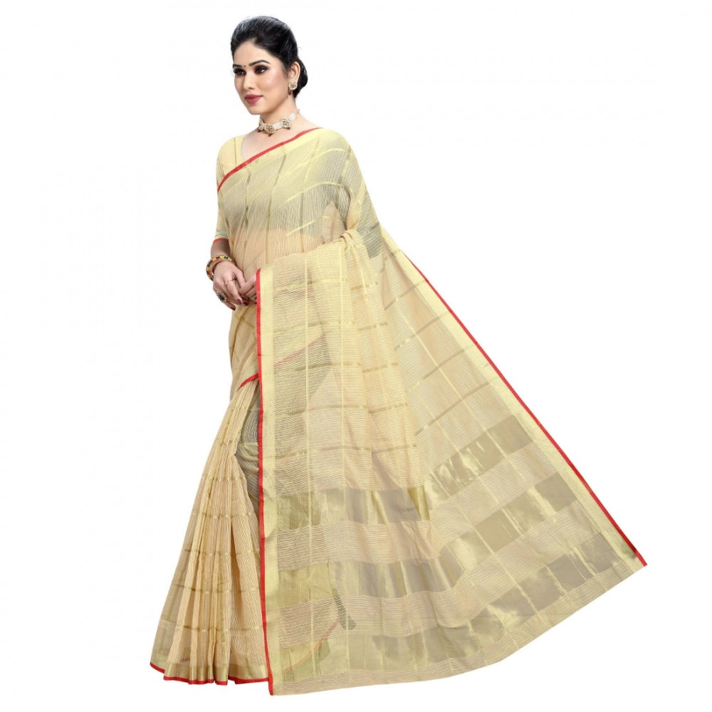 Fashion Women's Kota Doria Cotton Checkered Saree With Blouse (Beige, 5-6 Mtrs)