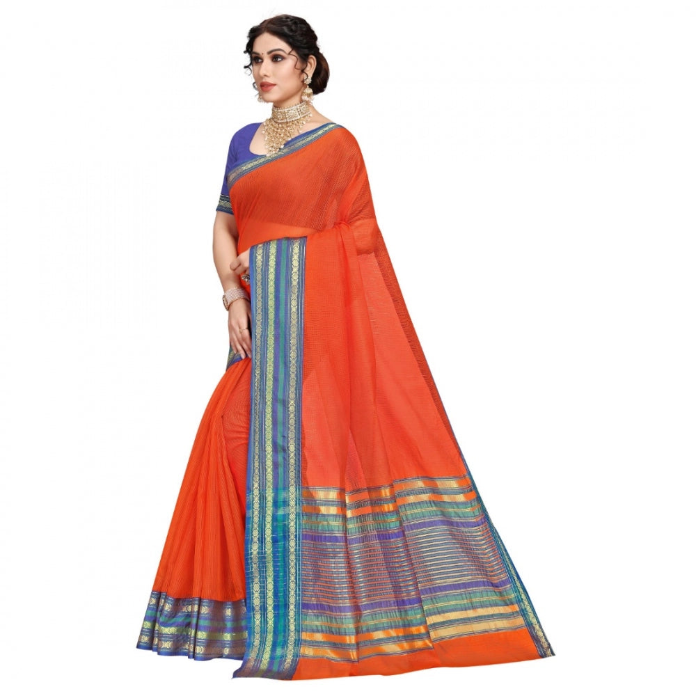 Amfyn Women's Kota Doria Cotton Bordered Saree With Blouse (Fanta, 5-6 Mtrs)