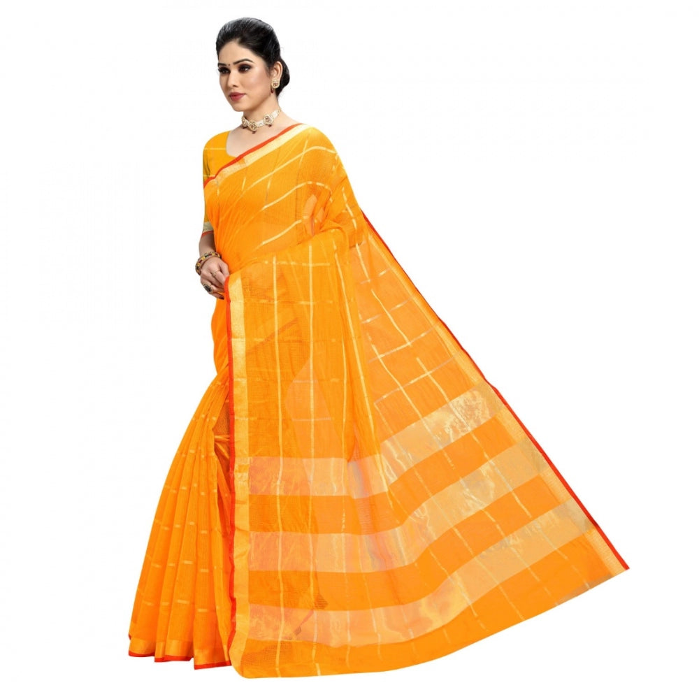 Fashion Women's Kota Doria Cotton Checkered Saree With Blouse (Yellow, 5-6 Mtrs)