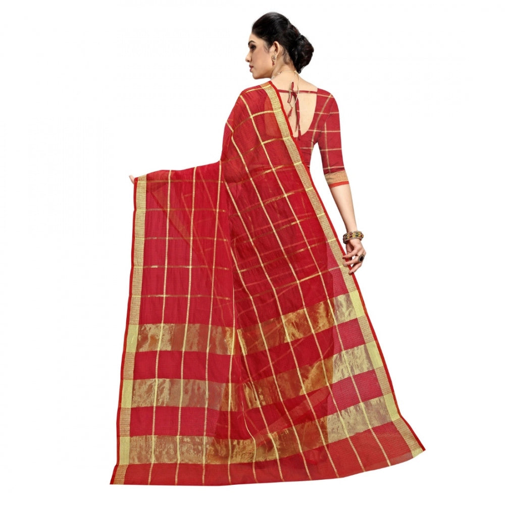 Fashion Women's Kota Doria Cotton Checkered Saree With Blouse (Red, 5-6 Mtrs)