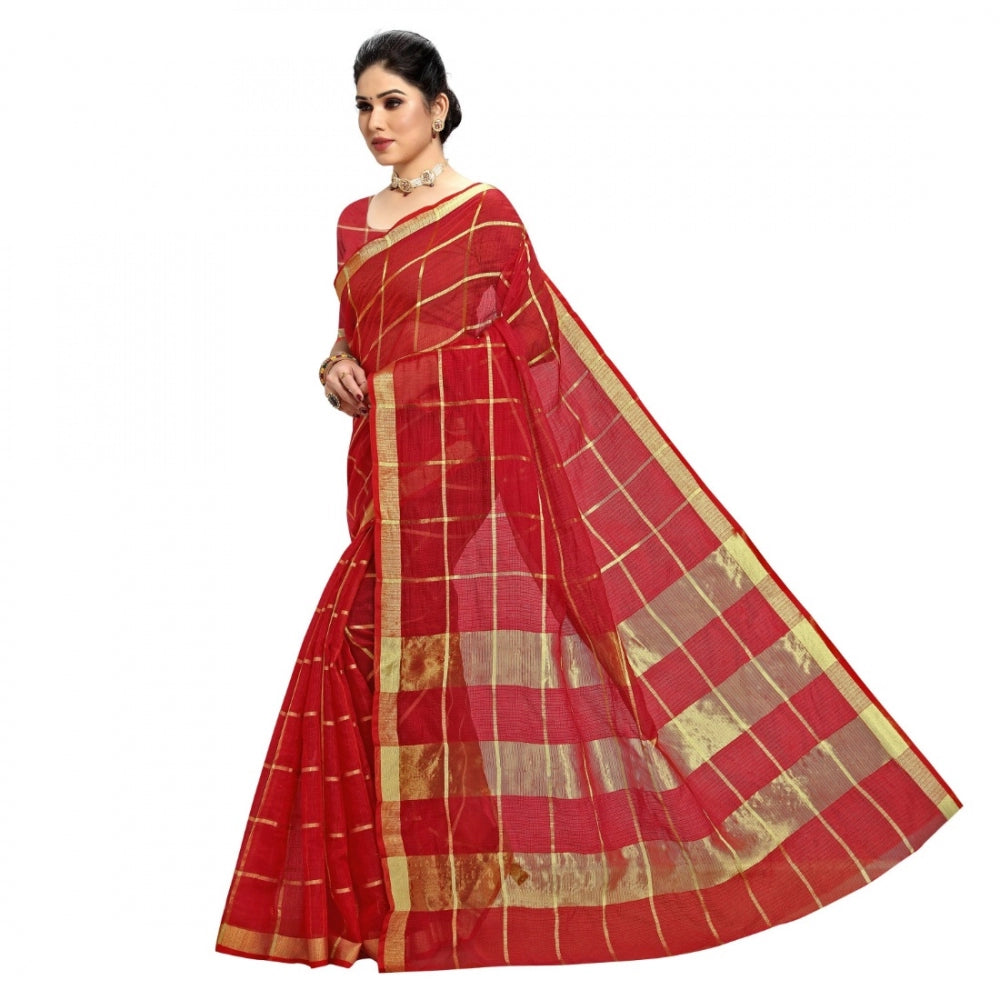 Fashion Women's Kota Doria Cotton Checkered Saree With Blouse (Red, 5-6 Mtrs)