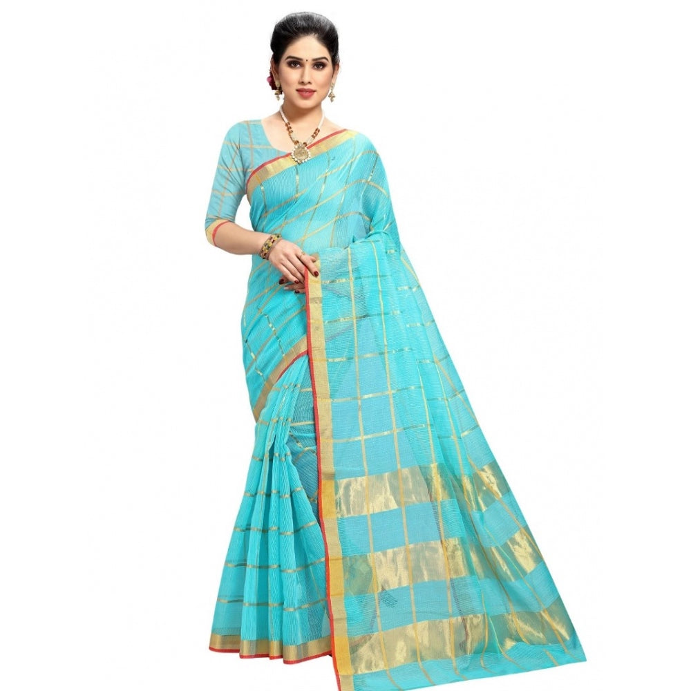 Fashion Women's Kota Doria Cotton Checkered Saree With Blouse (Sky Blue, 5-6 Mtrs)