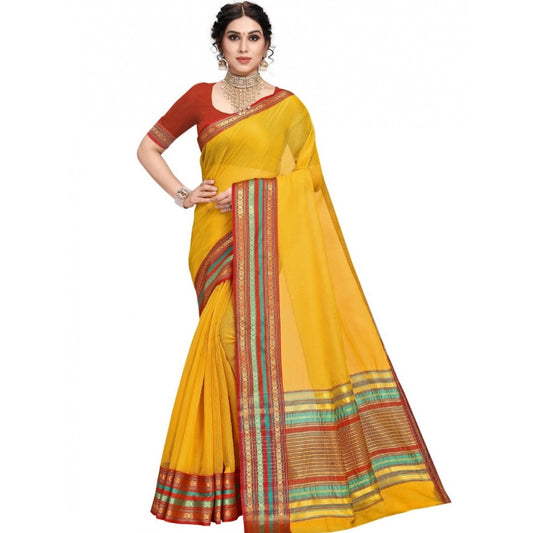 Amfyn Women's Kota Doria Cotton Bordered Saree With Blouse (Yellow, 5-6 Mtrs)