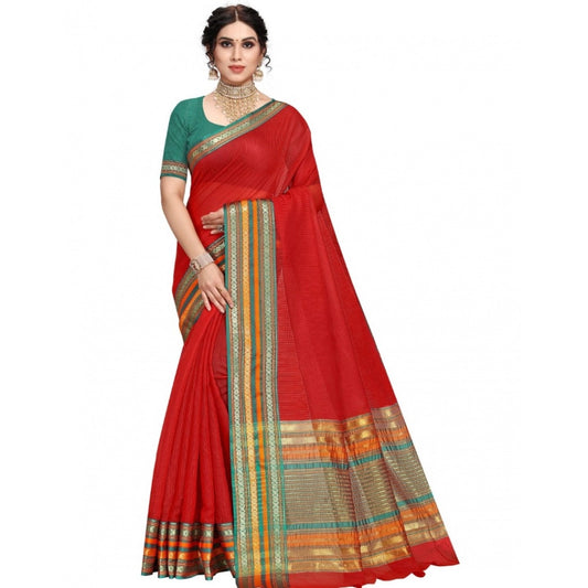 Amfyn Women's Kota Doria Cotton Bordered Saree With Blouse (Red, 5-6 Mtrs)