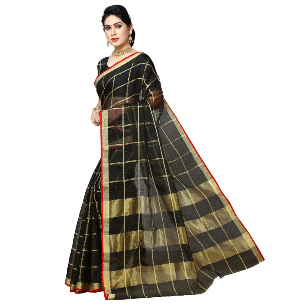 Fashion Women's Kota Doria Cotton Checkered Saree With Blouse (Black, 5-6 Mtrs)