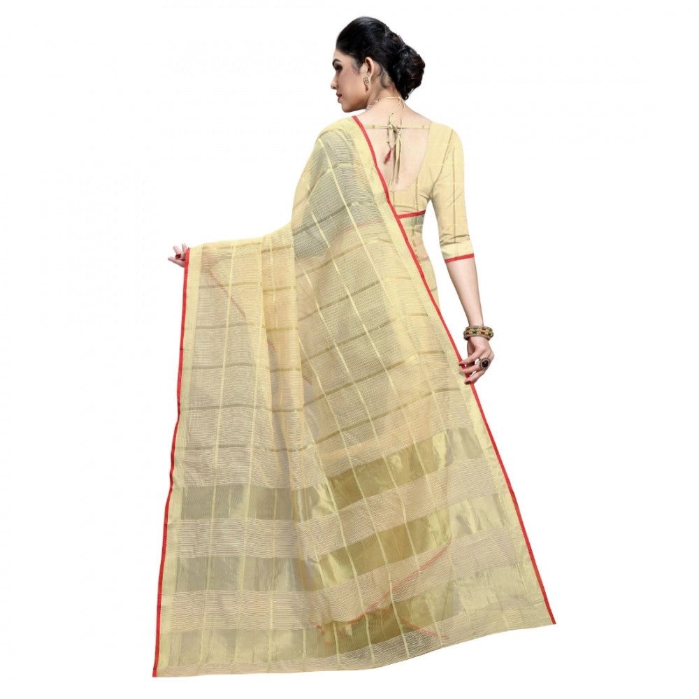 Fashion Women's Kota Doria Cotton Checkered Saree With Blouse (Beige, 5-6 Mtrs)